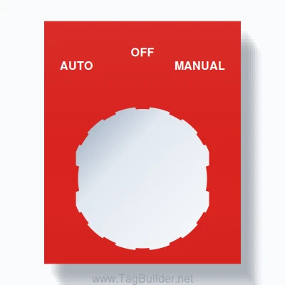 22mm Ring Tag – AUTO OFF MANUAL, Three-Line Square, Schneider Electric Compatible, White on Red