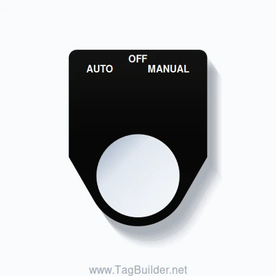 22mm Ring Tag – AUTO OFF MANUAL, Three-Line Traditional, White on Black