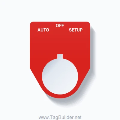 22mm Ring Tag – AUTO OFF SETUP, Three-Line Traditional, Allen-Bradley Compatible, White on Red