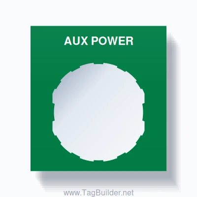 22mm Ring Tag – AUX POWER, Single-Line Square, Schneider Electric Compatible, White on Green