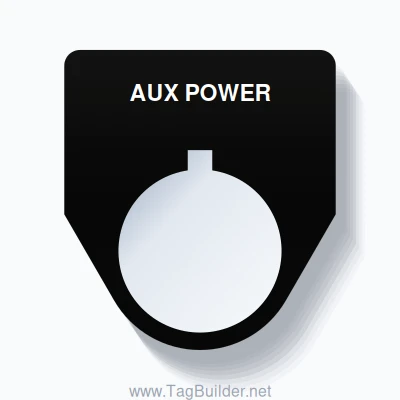 22mm Ring Tag – AUX POWER, Single-Line Traditional, Allen-Bradley Compatible, White on Black