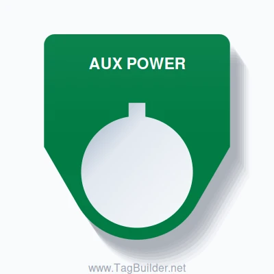 22mm Ring Tag – AUX POWER, Single-Line Traditional, Allen-Bradley Compatible, White on Green