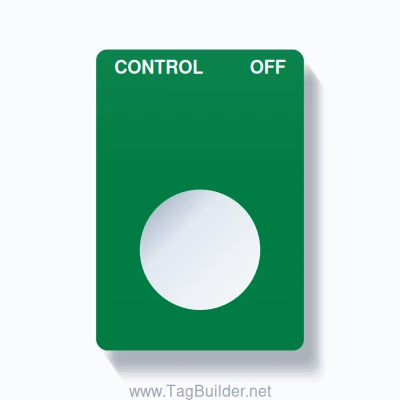 22mm Ring Tag – CONTROL OFF, Two-Line Rounded, White on Green