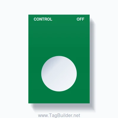 22mm Ring Tag – CONTROL OFF, Two-Line Squared, White on Green