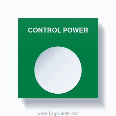 22mm Ring Tag – CONTROL POWER, Single-Line Square, White on Green