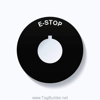 22mm Ring Tag – E-STOP, Single-Line 60mm Round, Allen-Bradley Compatible, White on Black