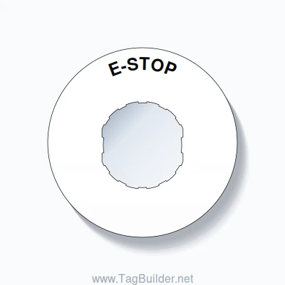 22mm Ring Tag – E-STOP, Single-Line 60mm Round, Schneider Electric Compatible, Black on White