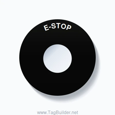 22mm Ring Tag – E-STOP, Single-Line 60mm Round, White on Black