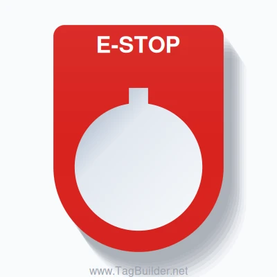 22mm Ring Tag – E-STOP, Single-Line Slim, Allen-Bradley Compatible, White on Red