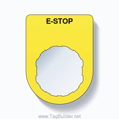 22mm Ring Tag – E-STOP, Single-Line Slim, Schneider Electric Compatible, Black on Yellow