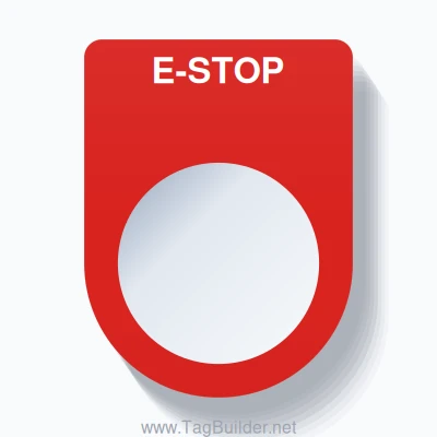 22mm Ring Tag – E-STOP, Single-Line Slim, White on Red