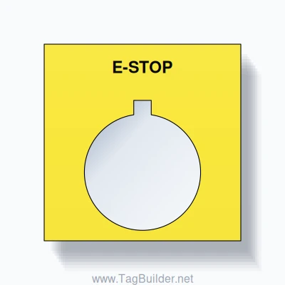 22mm Ring Tag – E-STOP, Single-Line Square, Allen-Bradley Compatible, Black on Yellow