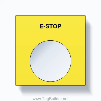 22mm Ring Tag – E-STOP, Single-Line Square, Black on Yellow