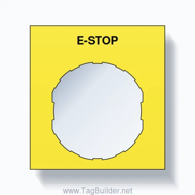 22mm Ring Tag – E-STOP, Single-Line Square, Schneider Electric Compatible, Black on Yellow