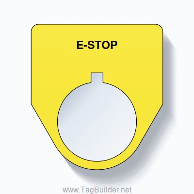 22mm Ring Tag – E-STOP, Single-Line Traditional, Allen-Bradley Compatible, Black on Yellow