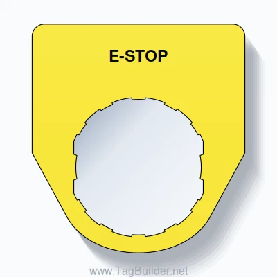 22mm Ring Tag – E-STOP, Single-Line Traditional, Schneider Electric Compatible, Black on Yellow