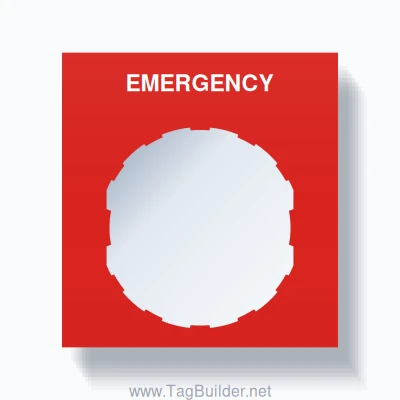 22mm Ring Tag – EMERGENCY, Single-Line Square, Schneider Electric Compatible, White on Red