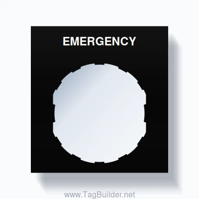 22mm Ring Tag – EMERGENCY, Single-Line Square, Schneider Electric Compatible, White on Black