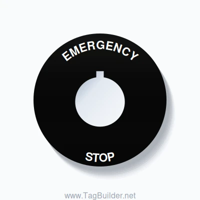 22mm Ring Tag – EMERGENCY STOP, Single-Line 60mm Round, Allen-Bradley Compatible, White on Black