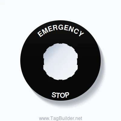 22mm Ring Tag – EMERGENCY STOP, Single-Line 60mm Round, Schneider Electric Compatible, White on Black