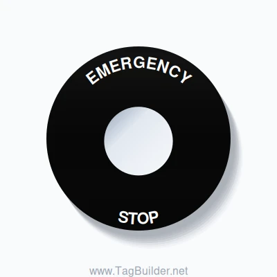 22mm Ring Tag – EMERGENCY STOP, Single-Line 60mm Round, White on Black