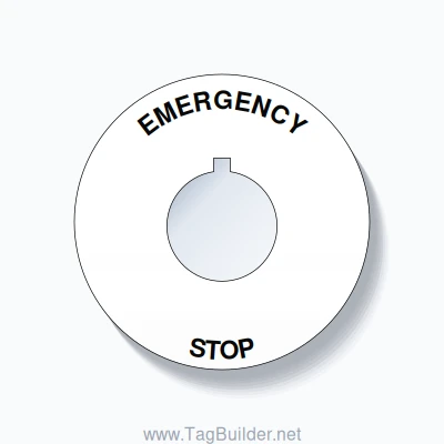 22mm Ring Tag – EMERGENCY STOP, Single-Line 60mm Round, Allen-Bradley Compatible, Black on White
