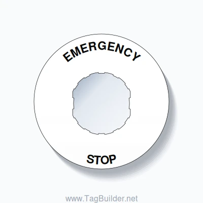 22mm Ring Tag – EMERGENCY STOP, Single-Line 60mm Round, Schneider Electric Compatible, Black on White