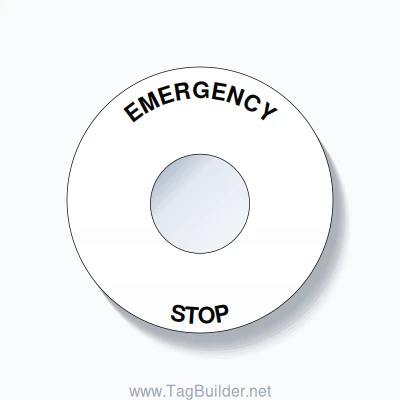 22mm Ring Tag – EMERGENCY STOP, Single-Line 60mm Round, Black on White