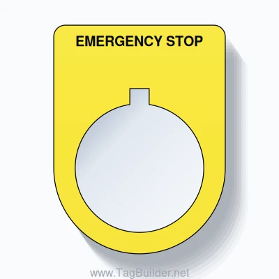 22mm Ring Tag – EMERGENCY STOP, Single-Line Slim, Allen-Bradley Compatible, Black on Yellow