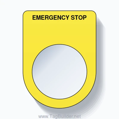 22mm Ring Tag – EMERGENCY STOP, Single-Line Slim, Black on Yellow