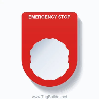22mm Ring Tag – EMERGENCY STOP, Single-Line Slim, Schneider Electric Compatible, White on Red
