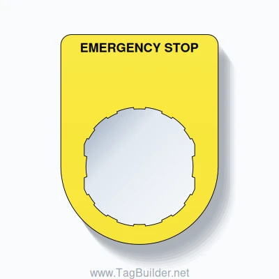 22mm Ring Tag – EMERGENCY STOP, Single-Line Slim, Schneider Electric Compatible, Black on Yellow