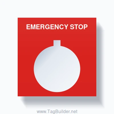 22mm Ring Tag – EMERGENCY STOP, Single-Line Square, Allen-Bradley Compatible, White on Red