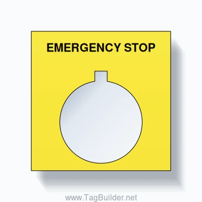 22mm Ring Tag – EMERGENCY STOP, Single-Line Square, Allen-Bradley Compatible, Black on Yellow