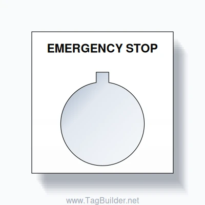 22mm Ring Tag – EMERGENCY STOP, Single-Line Square, Allen-Bradley Compatible, Black on White