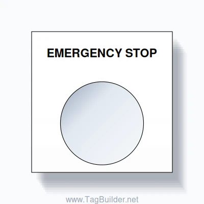 22mm Ring Tag – EMERGENCY STOP, Single-Line Square, Black on White