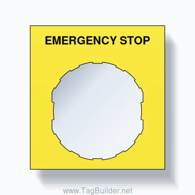 22mm Ring Tag – EMERGENCY STOP, Single-Line Square, Schneider Electric Compatible, Black on Yellow