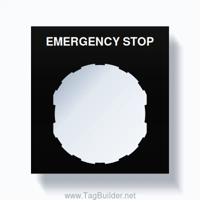 22mm Ring Tag – EMERGENCY STOP, Single-Line Square, Schneider Electric Compatible, White on Black