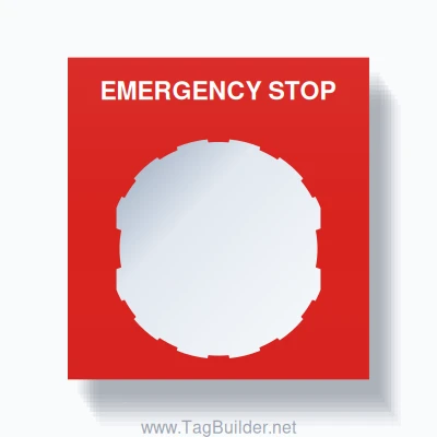 22mm Ring Tag – EMERGENCY STOP, Single-Line Square, Schneider Electric Compatible, White on Red