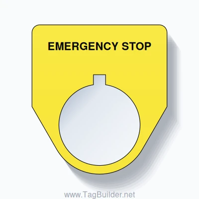 22mm Ring Tag – EMERGENCY STOP, Single-Line Traditional, Allen-Bradley Compatible, Black on Yellow