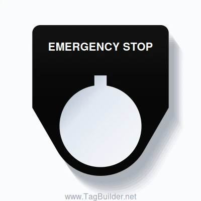 22mm Ring Tag – EMERGENCY STOP, Single-Line Traditional, Allen-Bradley Compatible, White on Black