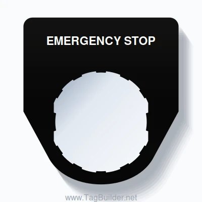 22mm Ring Tag – EMERGENCY STOP, Single-Line Traditional, Schneider Electric Compatible, White on Black