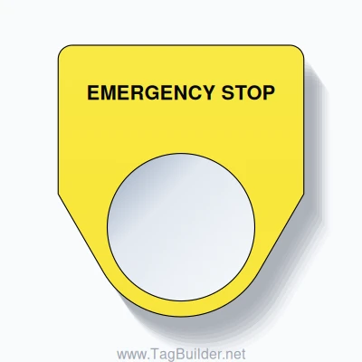 22mm Ring Tag – EMERGENCY STOP, Single-Line Traditional, Black on Yellow
