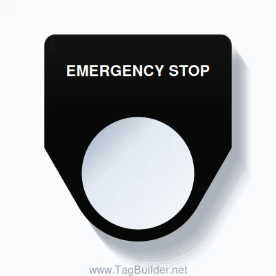 22mm Ring Tag – EMERGENCY STOP, Single-Line Traditional, White on Black