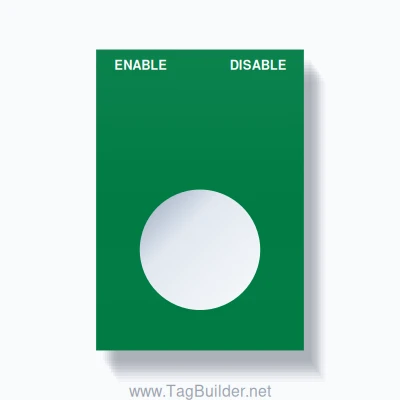 22mm Ring Tag – ENABLE DISABLE, Two-Line Squared, White on Green