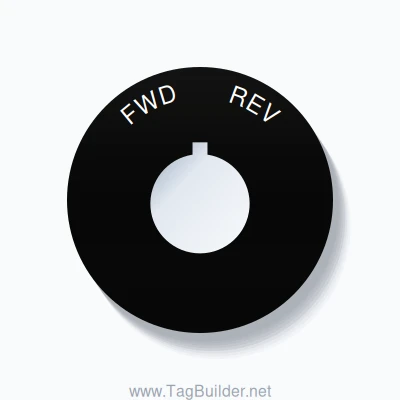 22mm Ring Tag – FWD       REV, Single-Line 60mm Round, Allen-Bradley Compatible, White on Black