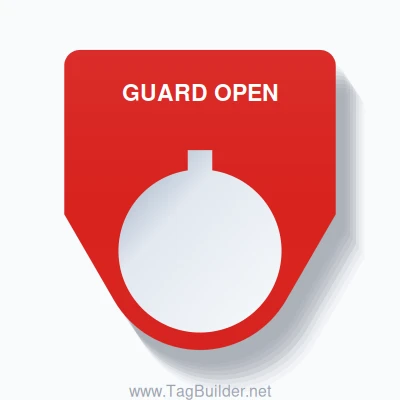 22mm Ring Tag – GUARD OPEN, Single-Line Traditional, Allen-Bradley Compatible, White on Red
