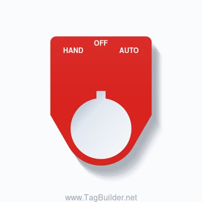 22mm Ring Tag – HAND OFF AUTO, Three-Line Traditional, Allen-Bradley Compatible, White on Red