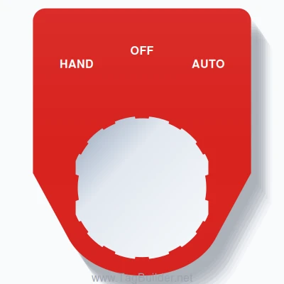 22mm Ring Tag – HAND OFF AUTO, Three-Line Traditional, Schneider Electric Compatible, White on Red