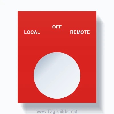 22mm Ring Tag – LOCAL OFF REMOTE, Three-Line Square, White on Red